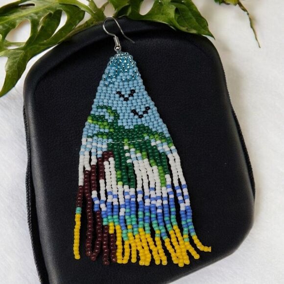 Palm Tree Beach Earrings Glass Bead Boho Dangle Island Jewelry Summer Beaded NEW - Picture 2 of 6